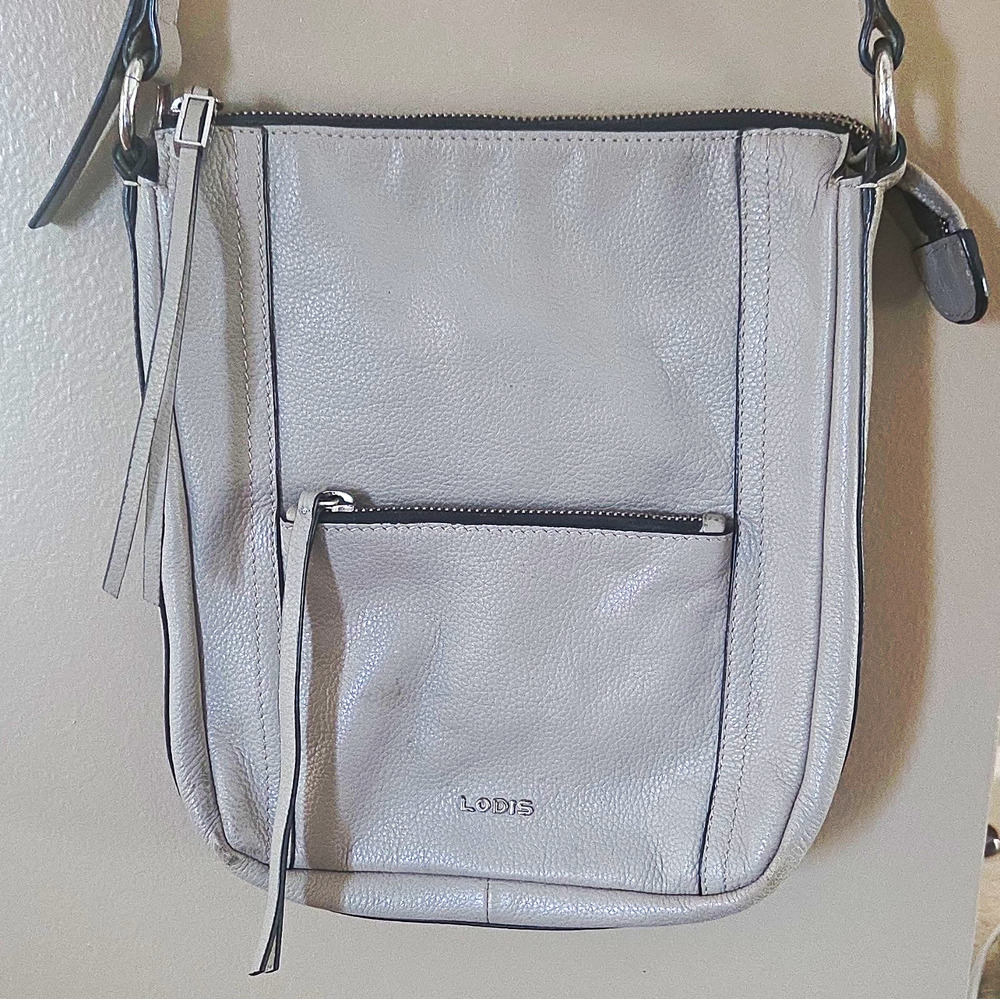 Lodis Gray Pebbled Crossbody Bag Zip Top Outer Pocket Lined Adjustable Strap